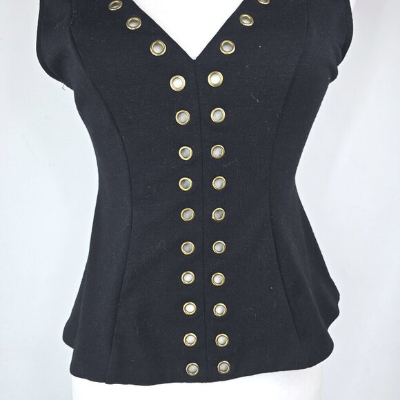 Guess Black Gold Rivet Studded V Neck Sleeveless Peplum Top ModWife Whimsigoth - Picture 7 of 8